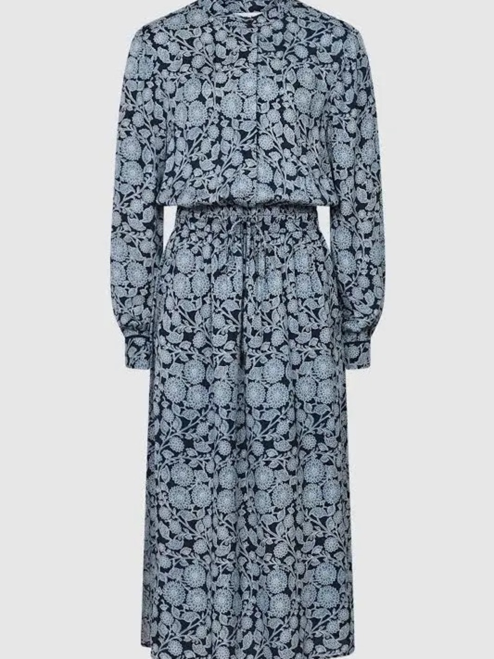 Reiss Trina Blue Floral Long-Sleeve Drawstring Waist Midi Dress